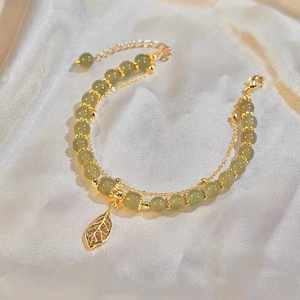 Doppelschichtiges Hetian-Jade-Armband mit Blattanhänger