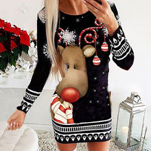 Laden Sie das Bild in den Galerie-Viewer, Langärmliges, sexy Kleid mit Weihnachtsdruck und Rundhalsausschnitt
